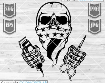 US Barber Skull svg / US Barbershop Monogram Cut File / Hair Cutter Clipart / Barber Dad T-shirt png / Rasoio e forbici per capelli Stencil DXF