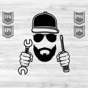 May include: Black and white illustration of a bearded man wearing a baseball cap and sunglasses, holding a wrench in one hand and a screwdriver in the other.
