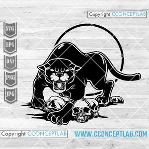 Pantera con calavera svg / Clipart de gato grande salvaje / Camiseta de equipo de zoológico png / Archivo de corte de Safari Life / Bestia enojada dxf / Plantilla de animal de bosque negro