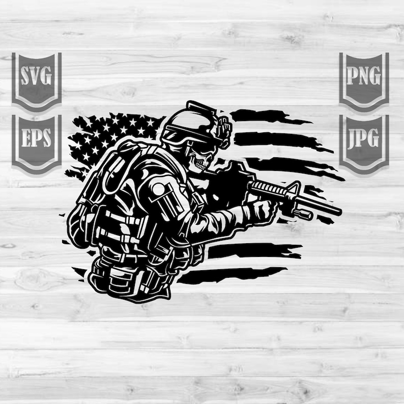 May include: Black and white illustration of a soldier wearing a helmet and holding a rifle, standing in front of a distressed American flag.