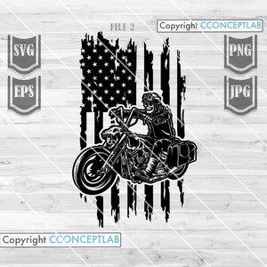 May include: Black and white illustration of a skull riding a motorcycle in front of a distressed American flag. The motorcycle has a sidecar and the skull is wearing a helmet. The text "FILE 2" and "Copyright CONCEPTLAB" are visible in the image.
