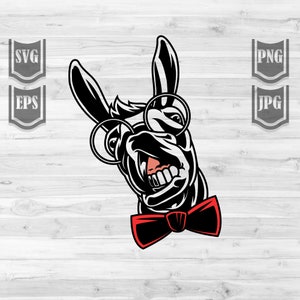 Peut inclure: Un âne de dessin animé noir et blanc portant un nœud papillon rouge et noir et des lunettes rondes avec un large sourire.