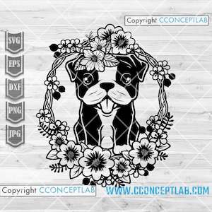 Baby Floral Bulldog svg / Flower Dog Clipart / Paw Lover Shirt png / Doggo Mom Cutfile / Home Pet Stencil / Puppy Dad dxf / Hooman Gift Idea