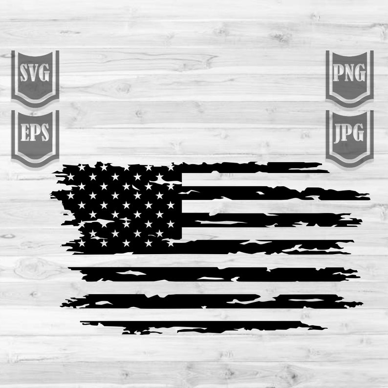 May include: A distressed black and white American flag design. The flag is tattered and worn, with a grunge aesthetic.