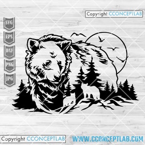 Scène d'ours svg | Clipart animaux des bois | Chemise d'extérieur png | Camping dxf | Camper papa Cutfile | Pochoir d'aventure| Grizzli brun Wild Life
