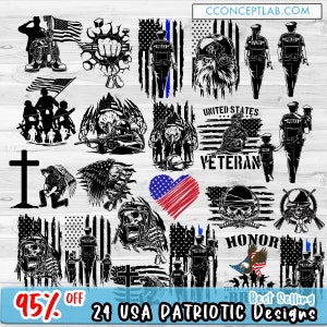 24 USA Patriotic SVG Mega Bundle | Military Clipart | First Responder Cutfile | Veteran Shirt png | Memorial Day Stencil | Patriotic Soldier