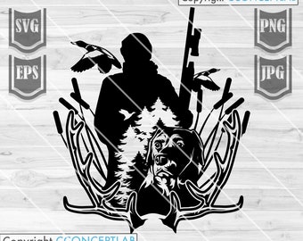 Caccia svg / Caccia all'anatra e al cervo svg / Idea regalo per papà cacciatore / File di taglio per esterni / Stencil per scena di campeggio / Maglietta per campeggiatori png / Corna di cervo svg