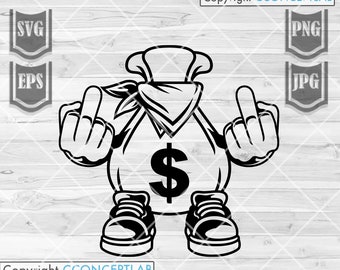 Money Bag Middle Finger svg | Hipster Cut File | Gangster Clipart | Hooligan Money Robber Stencil | USA Dollar Sign dxf | Money Bill Cutfile