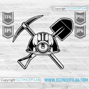 May include: Black and white illustration of a miner's helmet, pickaxe, and shovel. The helmet has a light on the front. The pickaxe and shovel are crossed behind the helmet. The image includes the text "Copyright CCONCEPTLAB" and "WWW.CCONCEPTLAB.COM".