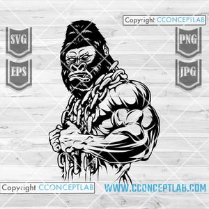 Può includere: Illustrazione in bianco e nero di un gorilla muscoloso con una catena al collo. Il gorilla flette le braccia e l'immagine include il testo "Copyright CCONCEPTLAB" e "WWW.CCONCEPTLAB.COM". L'immagine include anche i testi "SVG", "EPS", "PNG" e "JPG".