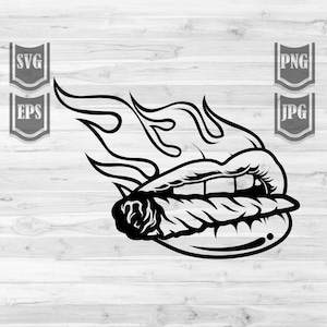 Puede incluir: Ilustración en blanco y negro de una boca con un porro encendido en ella. La boca está rodeada de llamas.