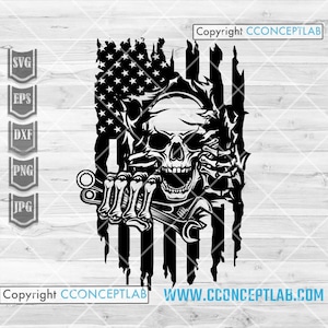 May include: Black and white graphic of a skull with a wrench and the American flag. The skull is in the center, with the flag design behind it. The image includes the text "Copyright CCONCEPTLAB" and "WWW.CCONCEPTLAB.COM".