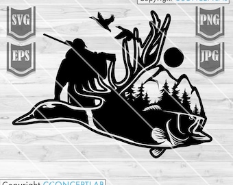 Deer Duck Fish Hunting Svg / Outdoor Scene Clipart / Deer Anter png / Duck Hunter Cut File / Fishing Stencil / Hunting Man Skills Gift Idea