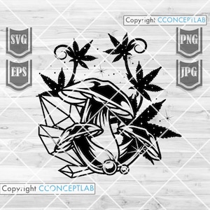 Può includere: Illustrazione in bianco e nero di un fungo con una forma di diamante e foglie di marijuana. Il fungo è circondato da stelle e il testo "Copyright CONCEPTLAB" appare in basso.