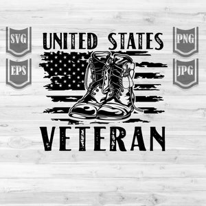 May include: Black and white graphic design of a pair of military boots with dog tags, a distressed American flag, and the text "UNITED STATES VETERAN".