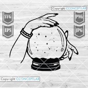 May include: A black and white illustration of a hand holding a crystal ball with stars inside. The hand is wearing a bracelet.
