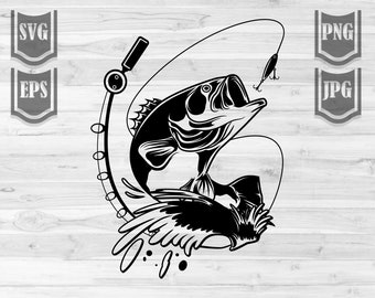 Bass Fishing svg | River Angling Clipart | Lake Fish dxf  | Angler Dad Shirt png | Fish On Cutfile | Fishing Line Hook Stencil | Fresh Water