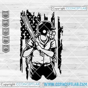 May include: Black and white illustration of a baseball player wearing a helmet and holding a bat, standing in front of a distressed American flag.