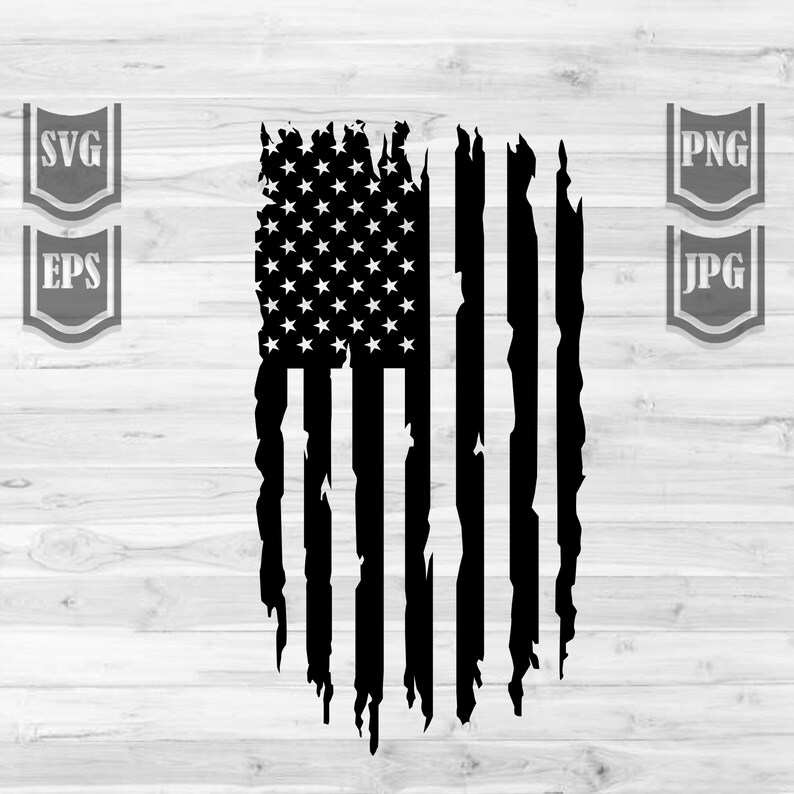 May include: A distressed black and white American flag design. The flag is tattered and worn, with a faded look.