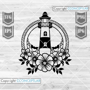 May include: Black and white silhouette of a lighthouse with a rope circle around it and flowers at the bottom. The lighthouse has a cross on the top and windows. The flowers are stylized and have five petals.