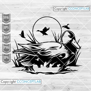 Enten-Jagd-Szene svg | Jäger Dad Clipart | T-Shirt png | Camping Aussicht dxf | Camper Cutdatei | Camp Life Schablone | Goose Shooter jpeg