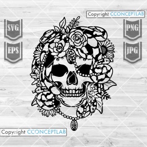 Skull Snake Head svg | Floral Skeletal Clipart | Flower Animal Cut File | Gothic Medusa Stencil | Day of the Dead Cutfile | Catrina T-shirt
