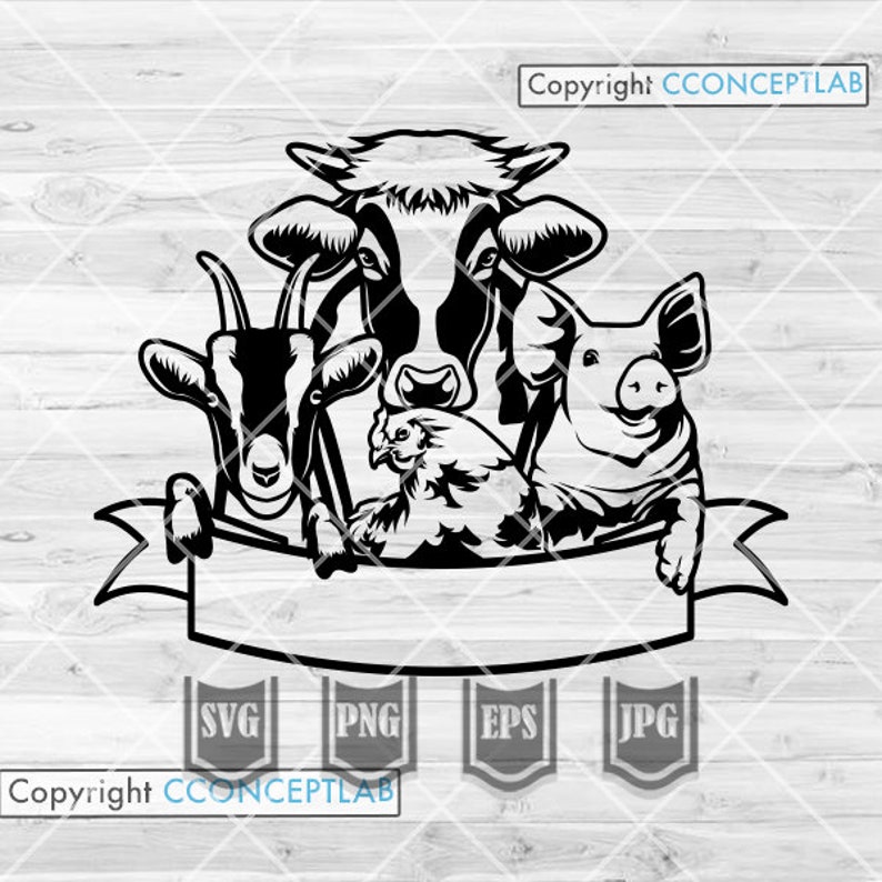 May include: Black and white illustration of a cow, goat, pig, and chicken with their heads peeking over a banner. The banner is blank and ready for text.  Copyright CCONCEPTLAB.
