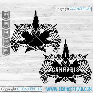 Op de afbeelding: Zwart-wit grafisch ontwerp van twee skeletachtige handen die een hartvorm vormen rond een marihuanablad. De tekst "I CANNABIS" staat in het hart.