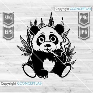 May include: Black and white illustration of a panda bear wearing a hat and smoking a pipe. The panda is surrounded by marijuana leaves.
