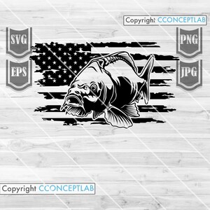 May include: Black and white silhouette of a fish with an American flag background. The flag is distressed and has a grunge effect. The fish is facing left and has a large mouth.