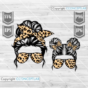 Mom Life Kid Life svg | MomLife Clipart | Leopard Mom Stencil | Mother and Daughter Shirt png | Messy Bun Hair Cut File | Twinning Mom Baby