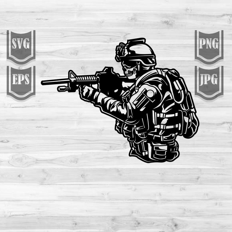 May include: Black and white illustration of a soldier wearing a helmet and tactical gear, holding a rifle and aiming.