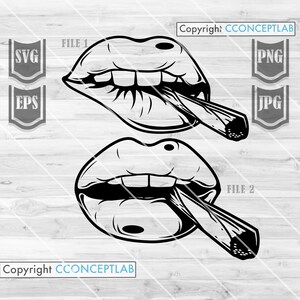 May include: Black and white illustration of a pair of lips biting down on a rolled-up cigarette. The lips are outlined in black and have a detailed texture. The cigarette is also outlined in black and has a textured surface.