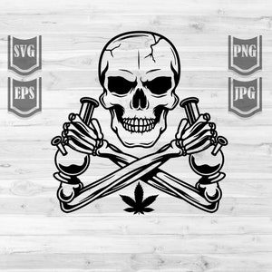 May include: Black and white illustration of a skull with crossed bones holding two bongs. A marijuana leaf is in the center of the image.