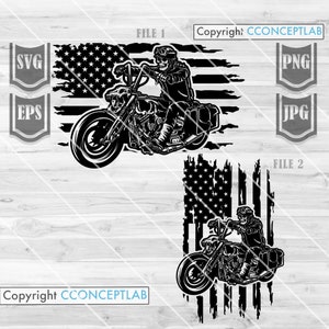 May include: Black and white illustration of a skull riding a motorcycle in front of an American flag. The motorcycle has a saddlebag and a skull design on the front. The flag is distressed and has a grunge effect.