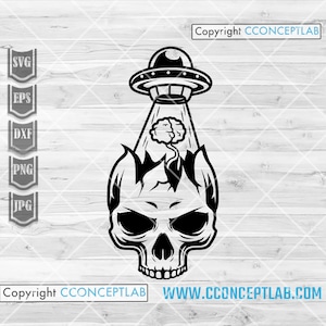 May include: Black and white illustration of a skull with a brain inside being abducted by a UFO. The UFO is above the skull and has a beam of light shining down on the brain.