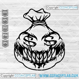 モンスターマネーバッグ SVG | 不気味な金持ちの子供のクリップアート | ハロウィーンのドル記号カットファイル | 邪悪なお金のステンシル | ヒッピーギャングスター DXF | 不気味なミリオン
