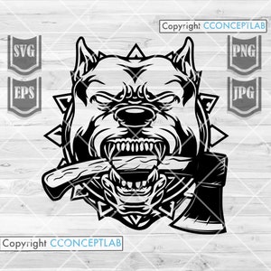 Puede incluir: Ilustración en blanco y negro de la cabeza de un perro gruñendo con un hacha en la boca. La cabeza del perro está rodeada de un diseño circular con púas.