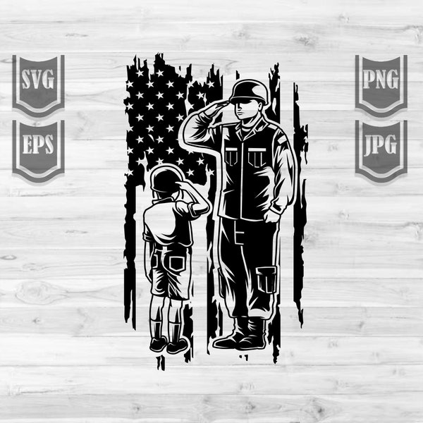 US Soldier Father and Son Salute | Military Dad Clipart | Soldier Cut File | Like Father Like Son Stencil | Army T-shirt png | Gift Idea dxf