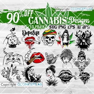 Könnte beinhalten: Ein digitales Grafikdesign mit verschiedenen Illustrationen zum Thema Cannabis. Die Designs umfassen rauchende Lippen, einen Schädel mit Rastahut und eine Hand, die ein Marihuanablatt hält. Der Text enthält "90% OFF CANNABIS Designs" und "Dopelife".