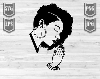 Donna afro che prega con orecchini Big Bangle svg / Black Girl Pray Clipart / Say A Little Prayer Stencil / Under Cut Afro Woman Hair Cut File