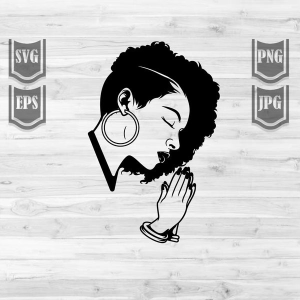 Praying Afro Woman with Big Bangle Earrings svg | Black Girl Pray Clipart | Say A Little Prayer Stencil | Under Cut Afro Woman Hair Cut File