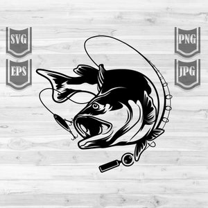 Bass Fishing svg / BassFish Clipart / Fresh Water Fish Cutfile / Fishing Line dxf / Rod and Hook jpeg / Angler Dad Shirt png / Lake Angling