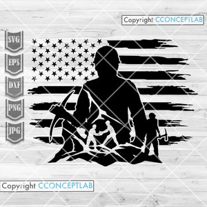 May include: Black and white graphic design featuring a silhouette of a miner holding a pickaxe, set against a distressed American flag. Includes smaller silhouettes of miners and the text "Copyright CCONCEPTLAB".