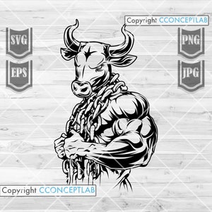 Può includere: Illustrazione in bianco e nero di un toro muscoloso con le corna, che indossa una catena attorno al collo e alle spalle. Il toro guarda a sinistra con un'espressione determinata.