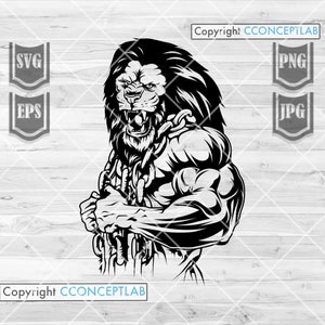 ライオン ボディビルダー svg | フィットネス コーチ ギフト カット ファイル | ジム インストラクター ステンシル | ウェイト リフター クリップアート | 動物の頭と鎖を持つ大きな筋肉