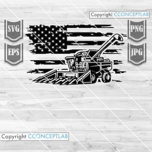 May include: Black and white silhouette of a combine harvester in front of a distressed American flag. The combine harvester is a common piece of farm equipment used for harvesting crops.