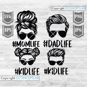May include: Black and white silhouette design of a family with the text #momlife, #dadlife, and #kidlife. The design features a woman with a bun, a man with a hairstyle, and two children with buns.