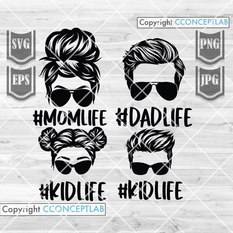 May include: Black and white silhouette design of a family with the text #momlife, #dadlife, and #kidlife. The design features a woman with a bun, a man with a hairstyle, and two children with buns.