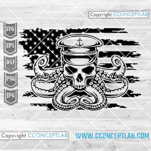 US Marine Octopus Skull Clipart | Skulltopus Shirt png | Biologist Stencil | Underwater Sea Animal Cutfile | Mariner dxf | Sea Fearer jpeg